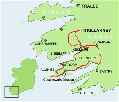 Detail-Karte mit Routenverlauf unserer Kerry-Individualreise