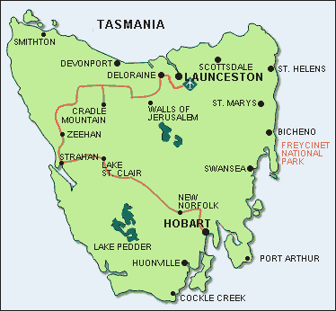 Der Routenverlauf unserer Westkstentour in  Tasmanien 