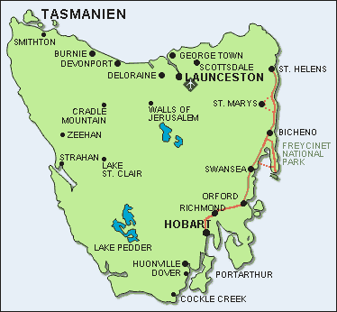 Der  Routenverlauf unserer Rad-Gruppenreise in Tasmanien